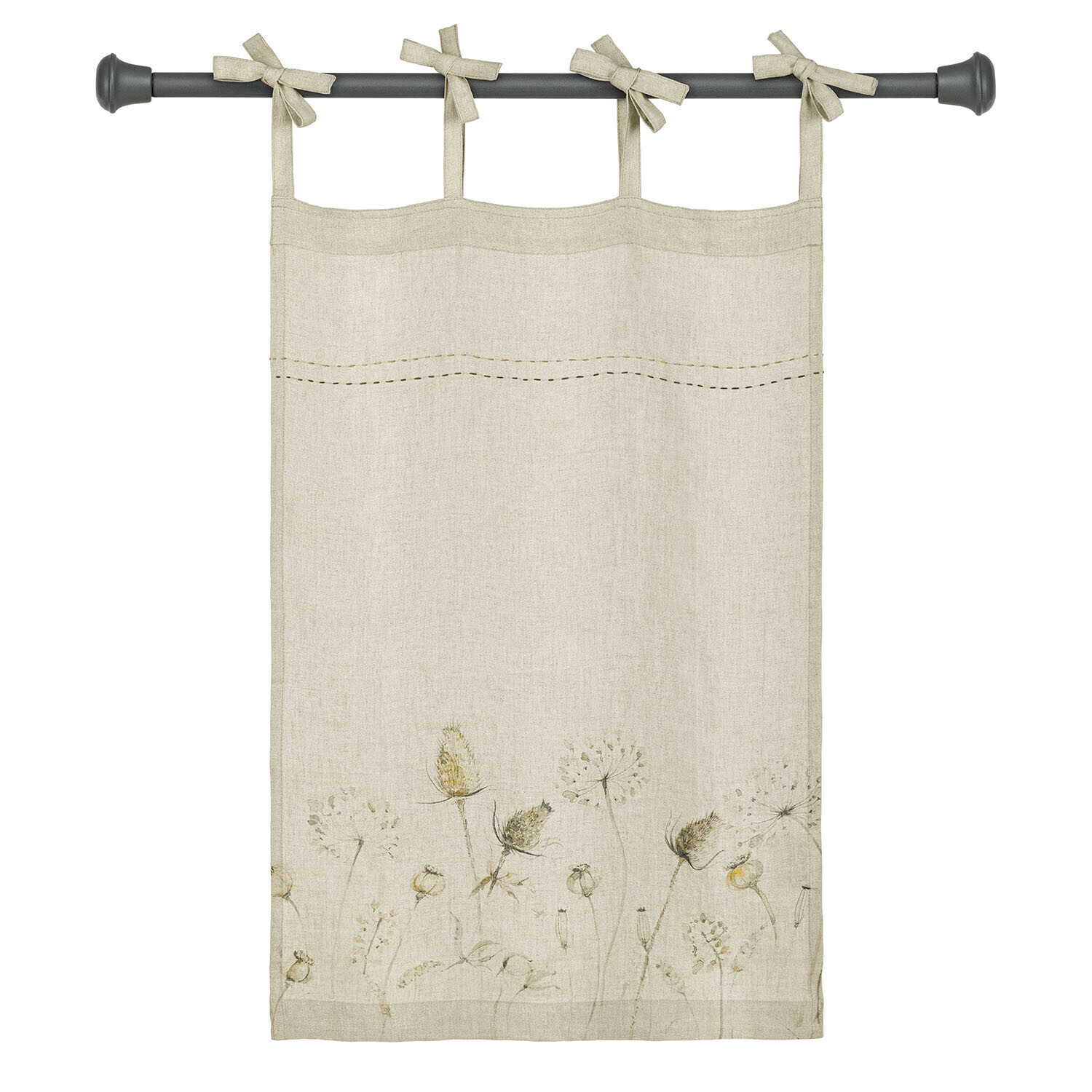 Rideau en lin beige avec motif floral délicat et attaches nouées sur tringle, décoration de fenêtre