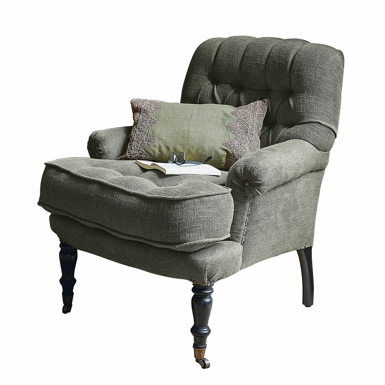 Fauteuil Gyldford Fauteuil gris en tissu avec coussin décoratif et pieds en bois à roulettes, siège confortable