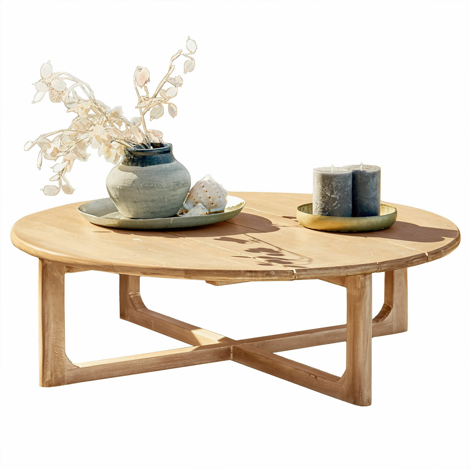 Table basse Tewksbury Table basse ronde en bois de teck naturel avec décoration sur le dessus