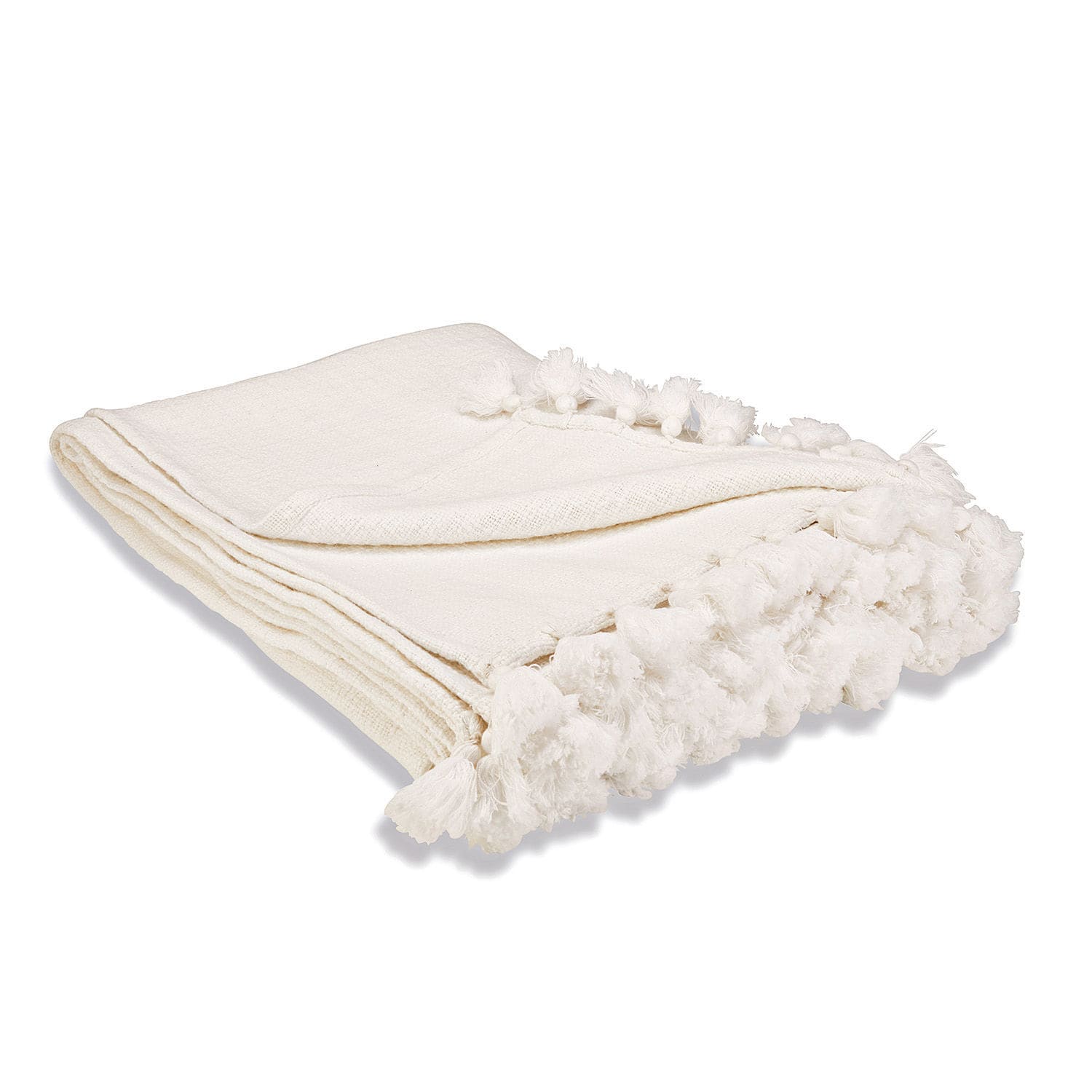 Plaid Amlamé Crèmekleurige katoenen deken met zachte pompons aan de randen, decoratief en comfortabel