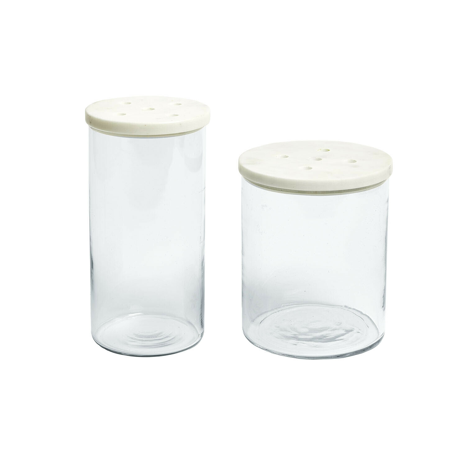Lot de 2 pots en verre Rosanella Ensemble de deux bocaux en verre transparent avec couvercles en céramique blanche perforés pour rangement