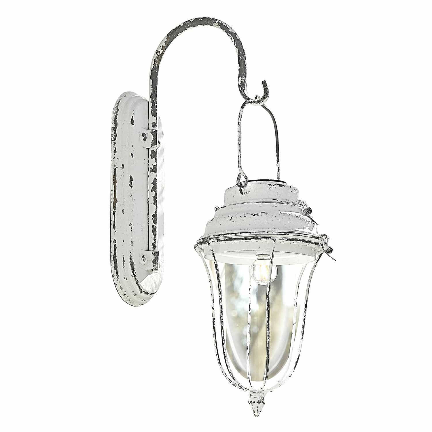 Lantaarn op zonne-energie Galexor Witte metalen vintage wandlamp met doorzichtige kap en LED-lamp