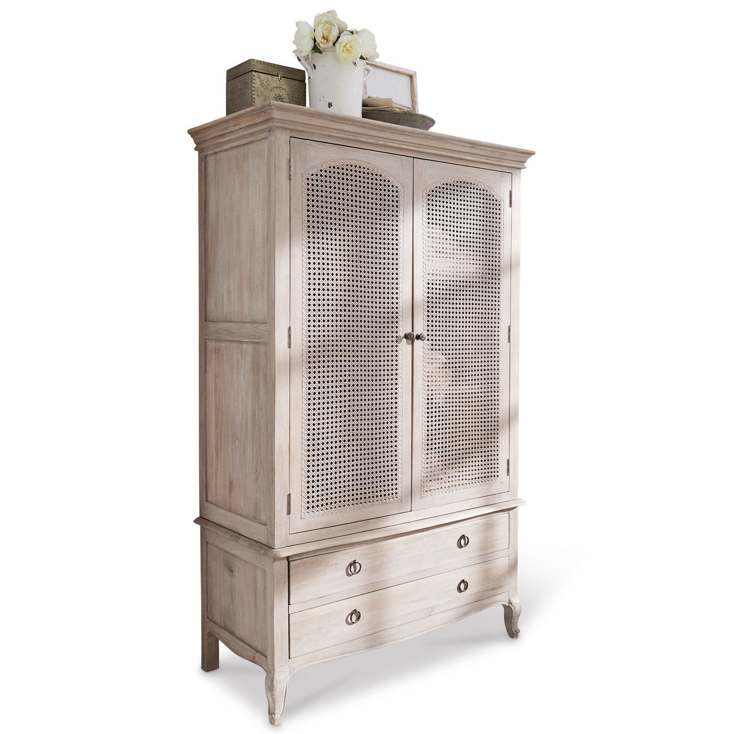 Armoire Truso Armoire en bois clair avec portes ajourées et tiroirs, meuble de rangement élégant pour salon