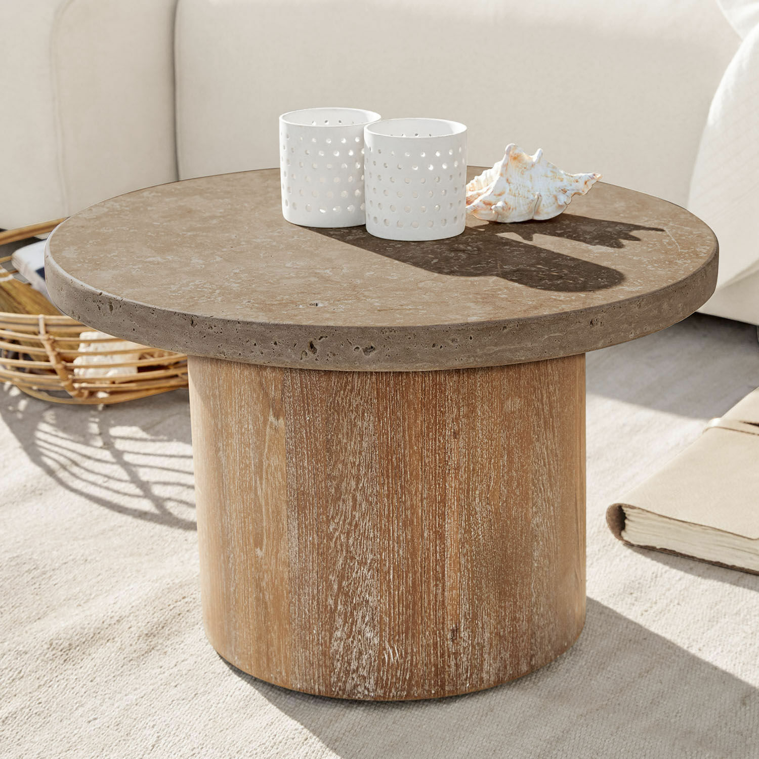 Salontafel Clearwater Ronde salontafel met bruin stenen blad en lichte houten voet voor woonkamer