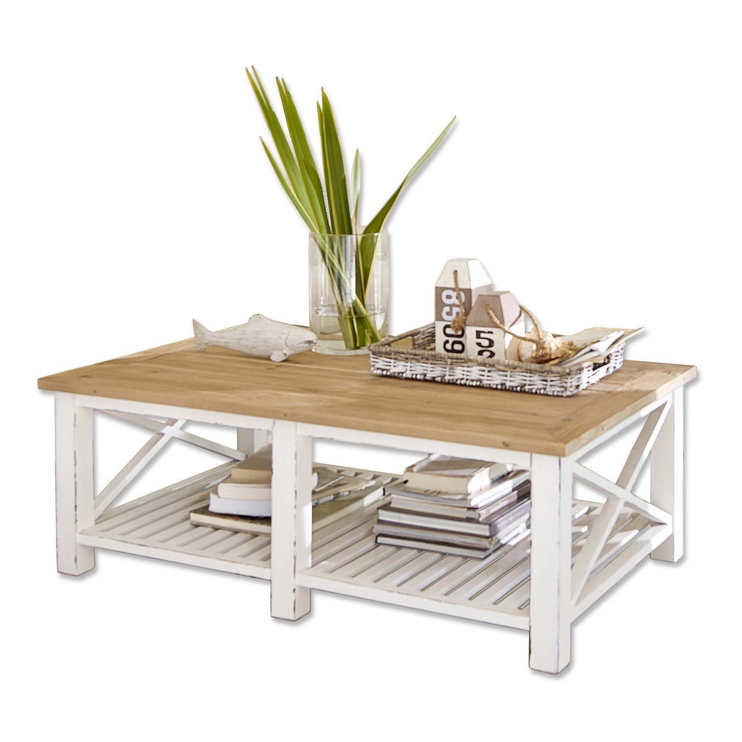 Table basse Medfield Table basse en bois avec cadre blanc et étagère, décorée de plante et panier décoratif