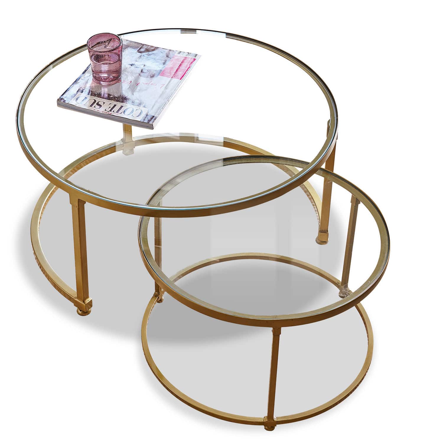 Lot de 2 tables basses Caraman Ensemble de deux tables basses rondes avec plateau en verre et cadre métallique doré pour salon