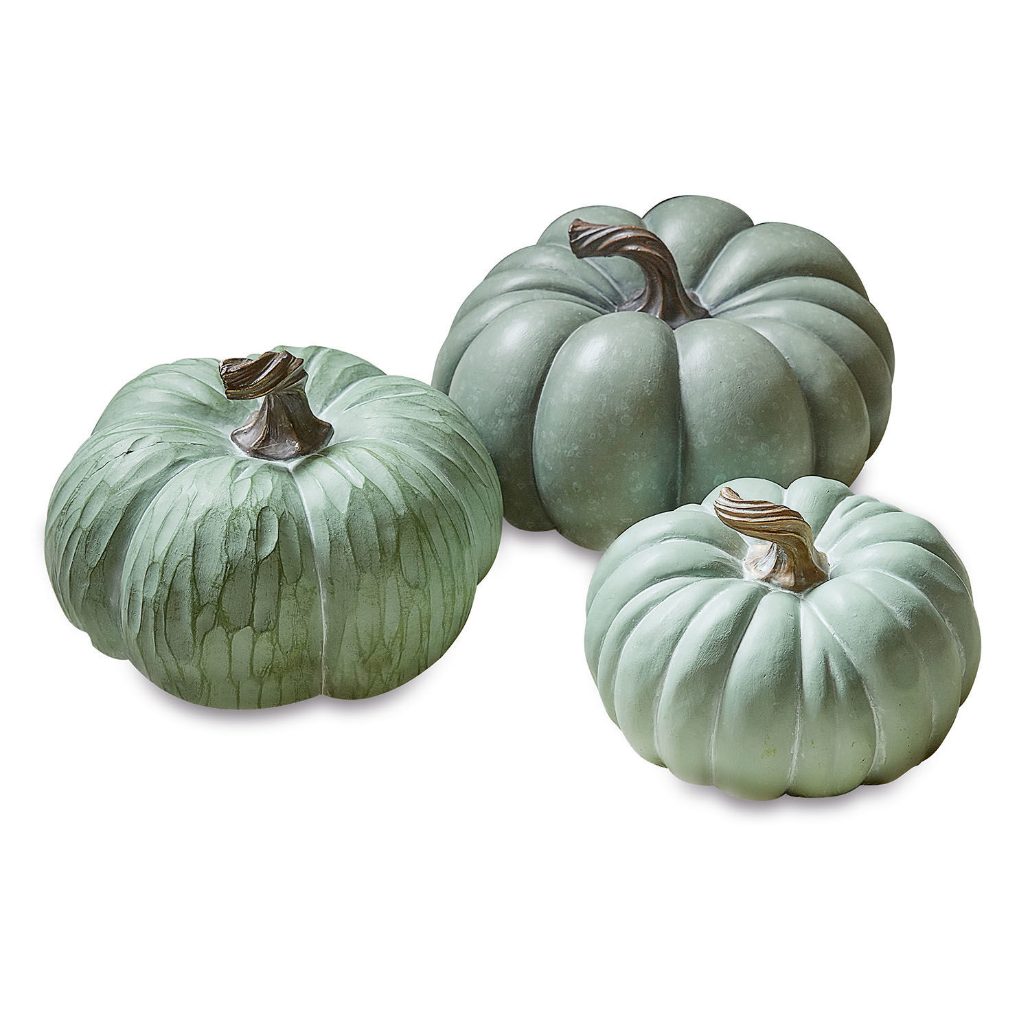Lot de 3 citrouilles Villazon Ensemble de trois citrouilles décoratives vertes en plastique pour décoration automnale intérieure