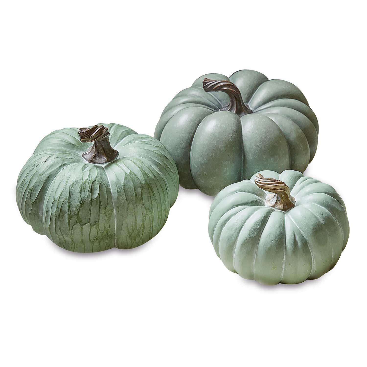 Lot de 3 citrouilles Villazon Ensemble de trois citrouilles décoratives vertes en plastique pour décoration automnale intérieure