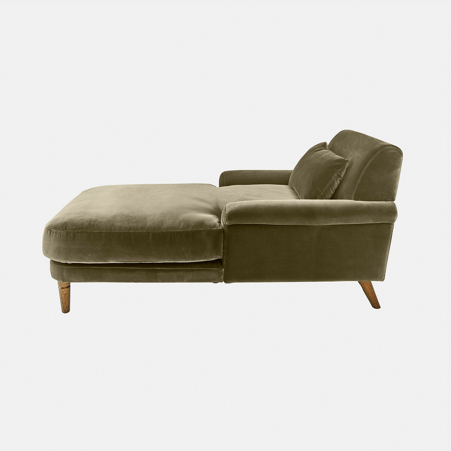 groen Groene Jouvrelle chaise lounge van zachte fluweelstof met houten poten, comfortabel voor ontspanning