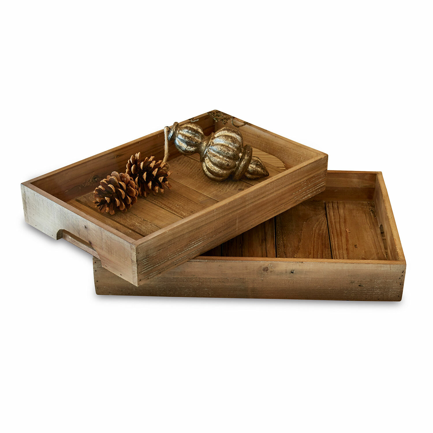 Dienblad set van 2 Kerbella Houten dienbladen in natuurlijke kleur met dennenappels en gouden ornament voor rustieke sfeer