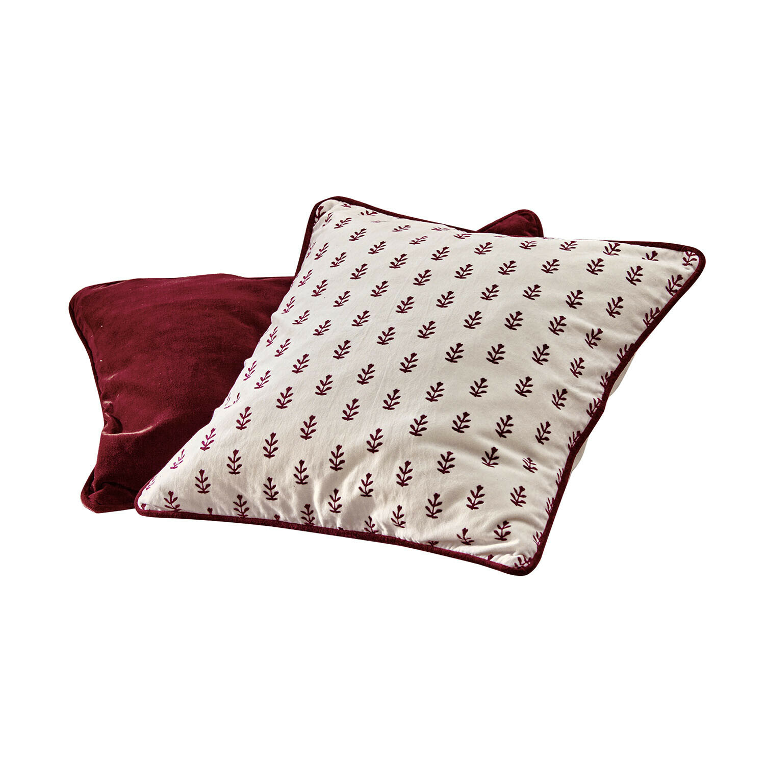 Lot de 2 housses de coussins Eilira Ensemble de deux coussins décoratifs en coton bordeaux avec motif feuilles pour salon