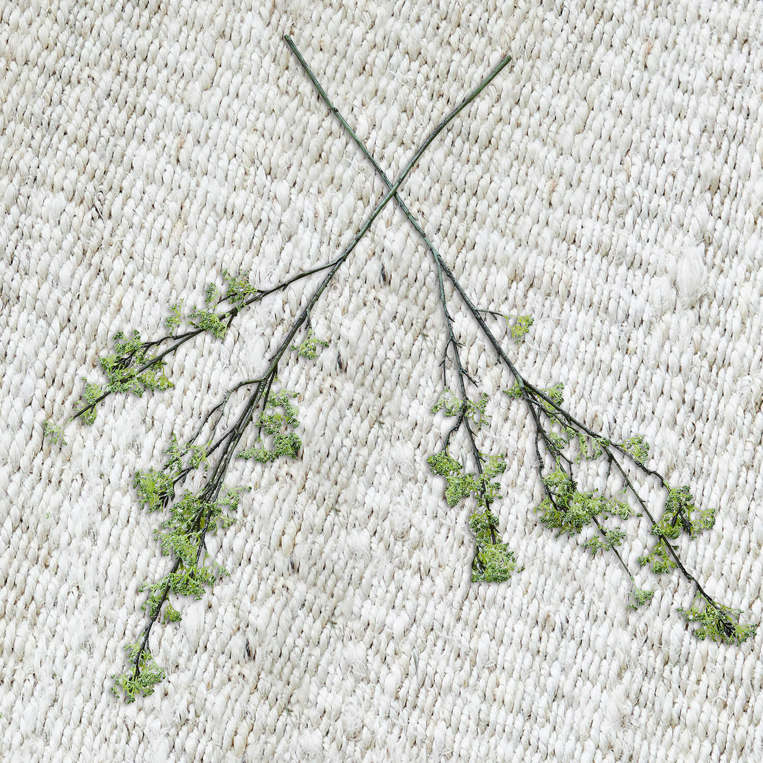 Twee dunne takken met groene bladeren op een lichte, grof geweven decoratieve vloerkleed