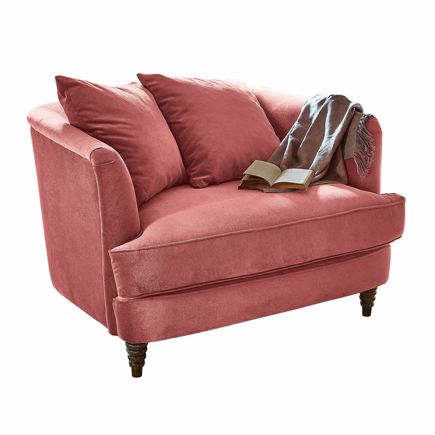 Fauteuil Etueffont Canapé rose en tissu doux avec coussins et plaid gris-brun, meuble confortable pour salon moderne