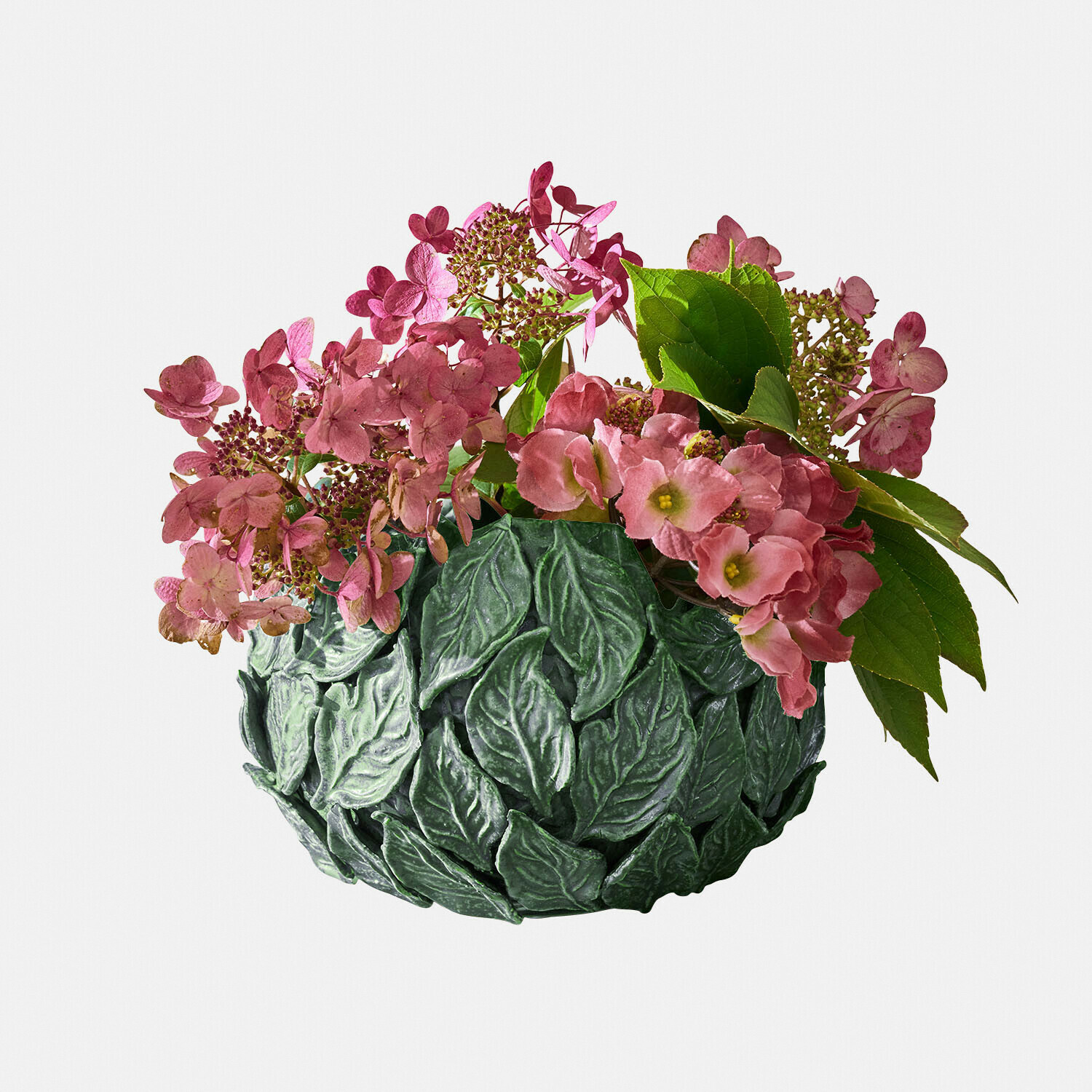 Vaas Fiorabela Groene bloempot met bladeren en roze hortensia bloemen, interieurdecoratie
