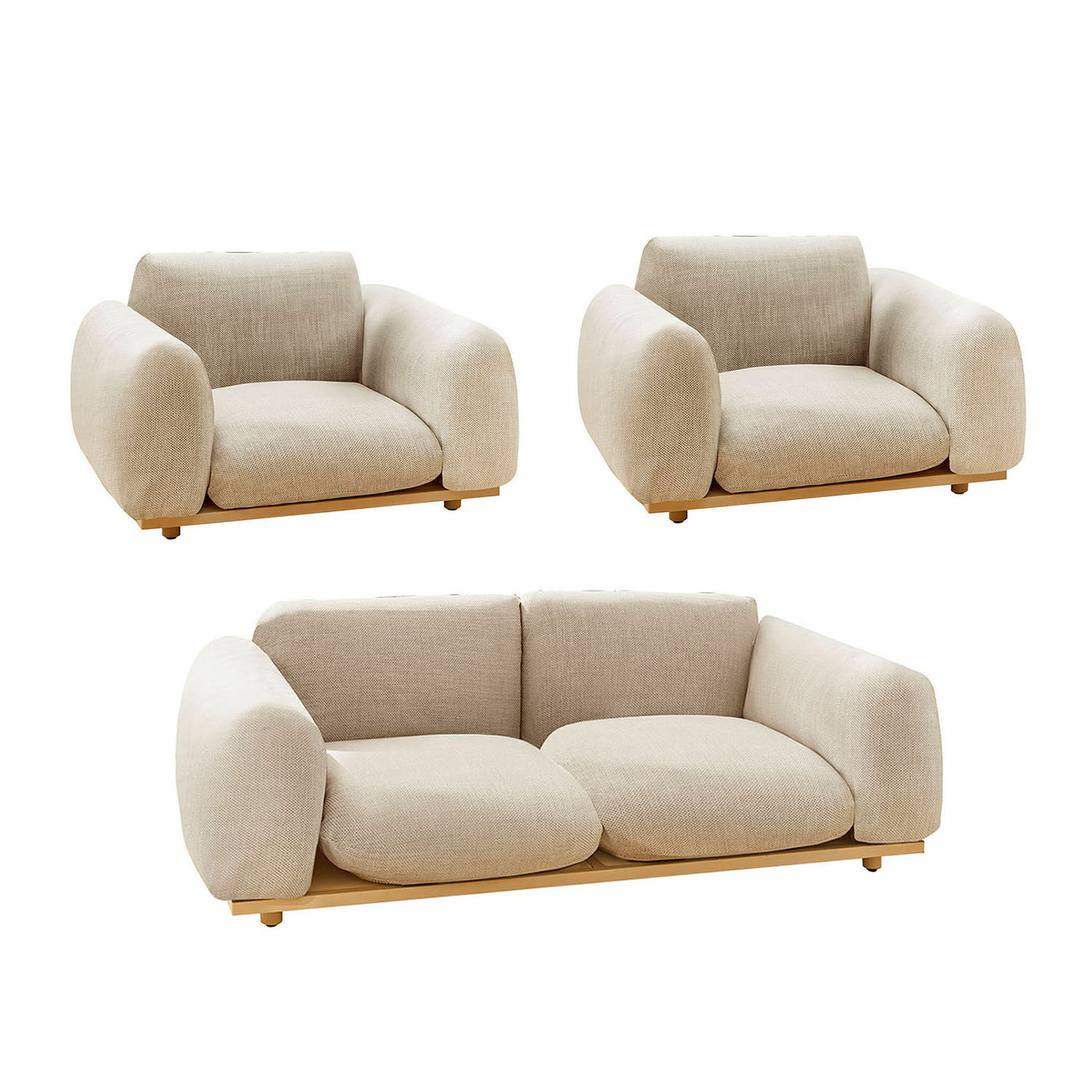 Salon de jardin Savinard Ensemble de canapés et fauteuils beige en tissu avec base en bois, mobilier moderne et confortable