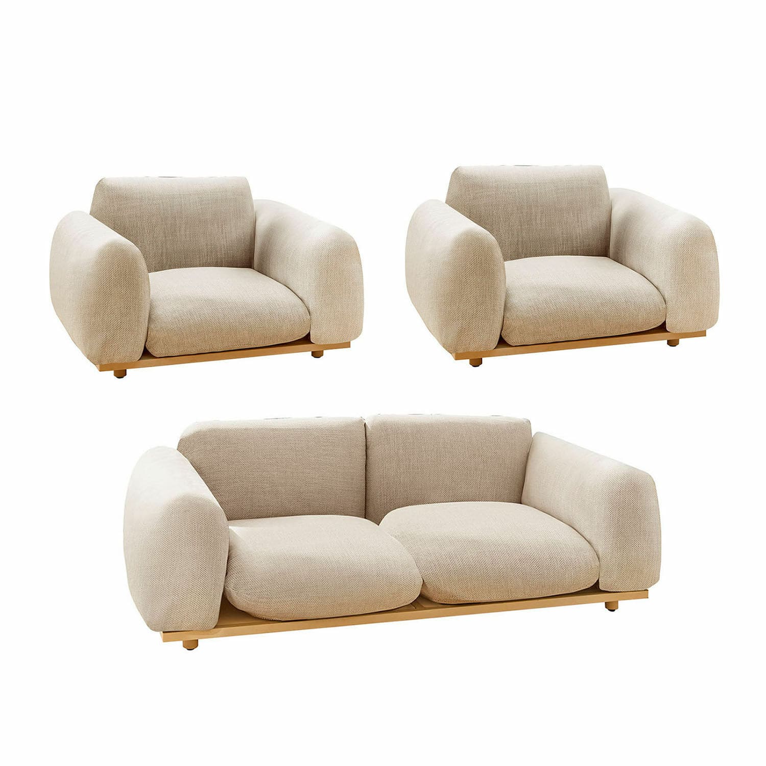 Salon de jardin Savinard Ensemble de canapés et fauteuils beige en tissu avec base en bois, mobilier moderne et confortable