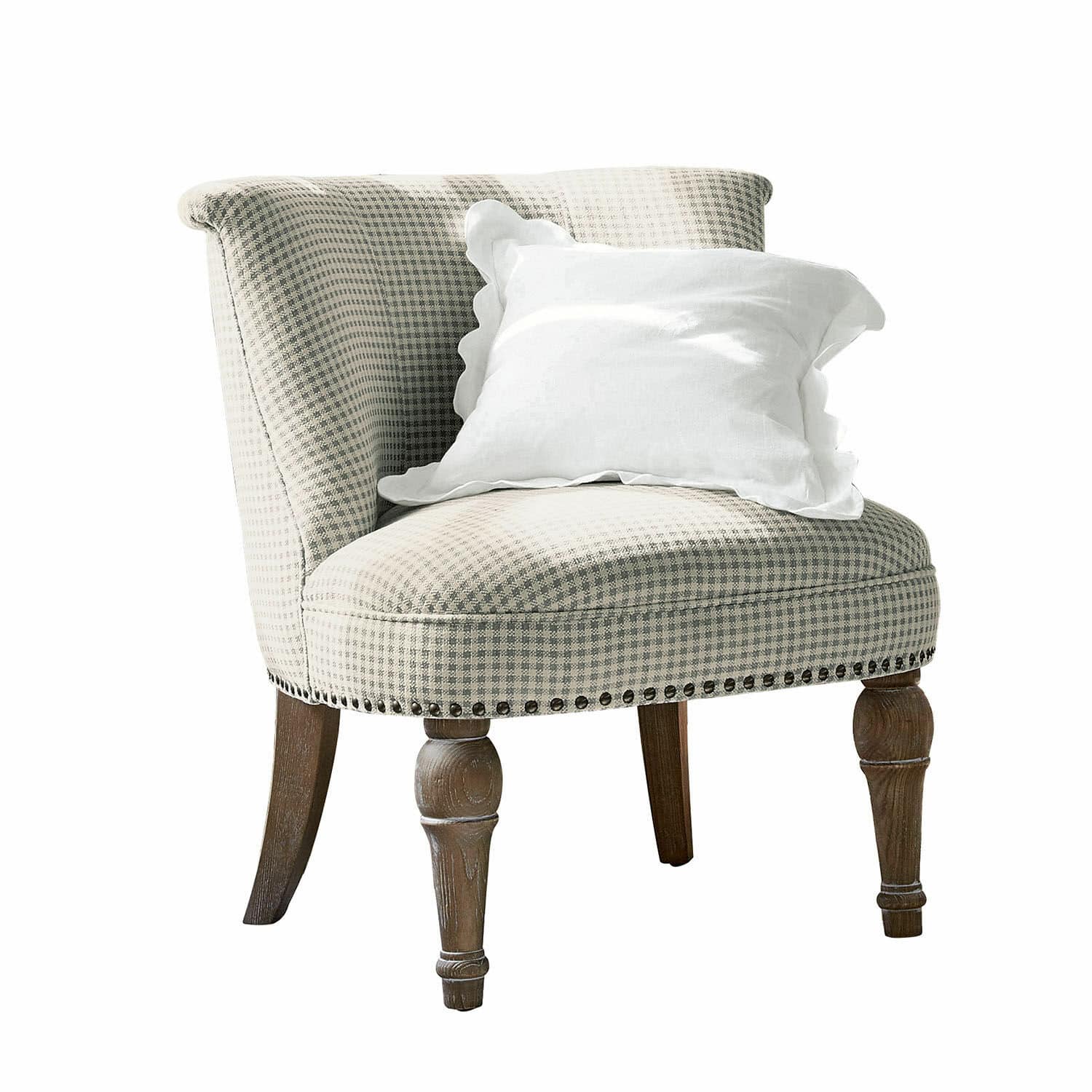 Fauteuil Francet Fauteuil élégant en tissu à carreaux avec pieds en bois et coussin blanc décoratif