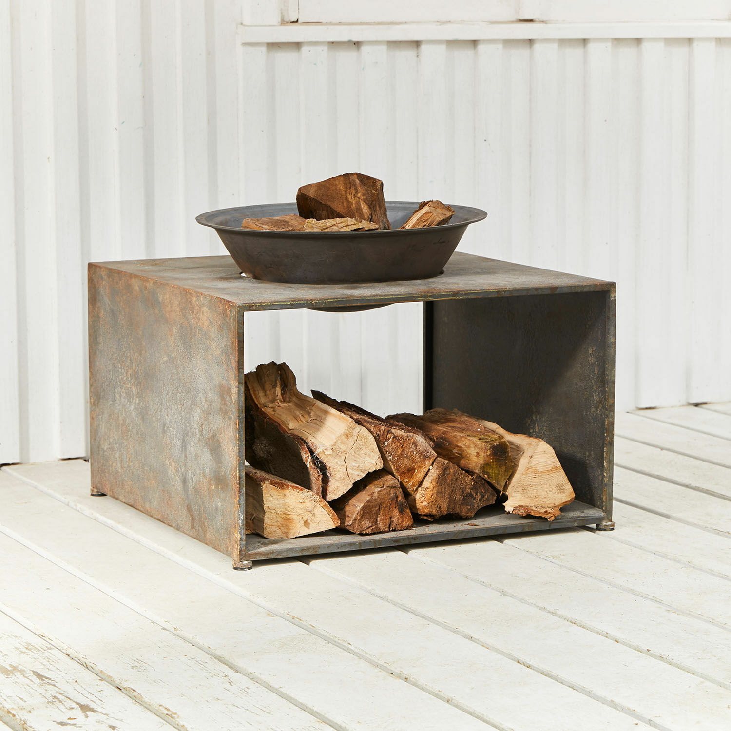 Brasero Rivolet Support carré en métal rouillé avec bol pour bois de chauffage, idéal pour jardin extérieur