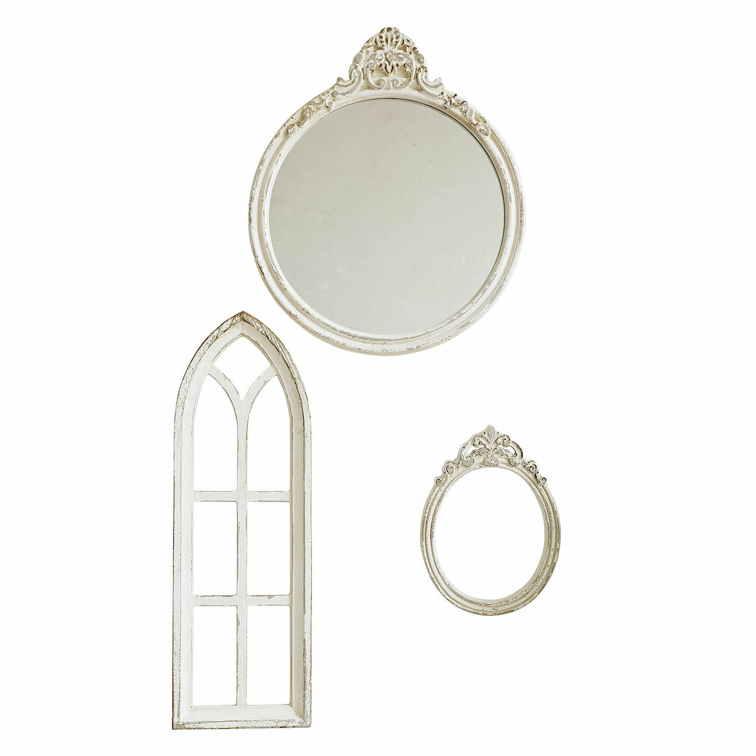 Spiegel met siervenster set van 3 Morilev Set van drie witte houten spiegels met decoratieve lijsten voor wanddecoratie