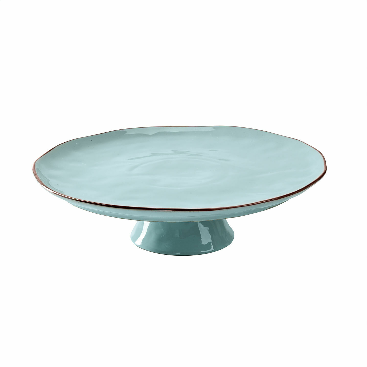 turquoise Turquoise keramische schaal op voet met bruine rand voor het serveren van taarten en desserts