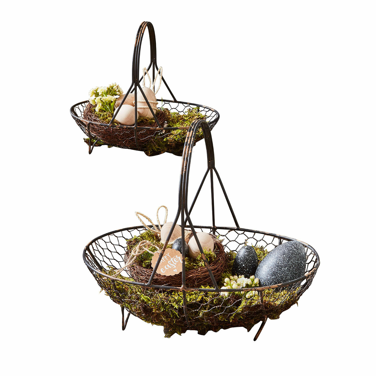 Lot de 2 paniers Serrie Panier en métal rustique avec poignée, décor de Pâques et mousse verte naturelle