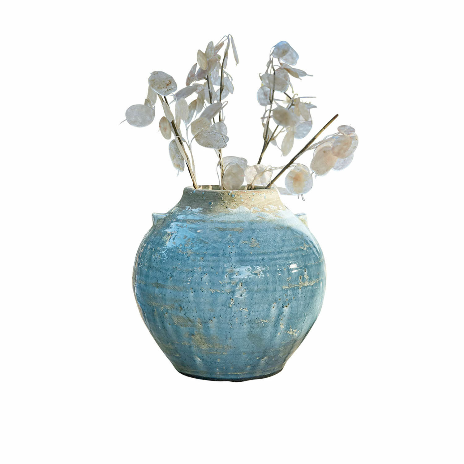 Vase Trevigno Vase en céramique bleue avec fleurs séchées blanches pour décoration intérieure élégante