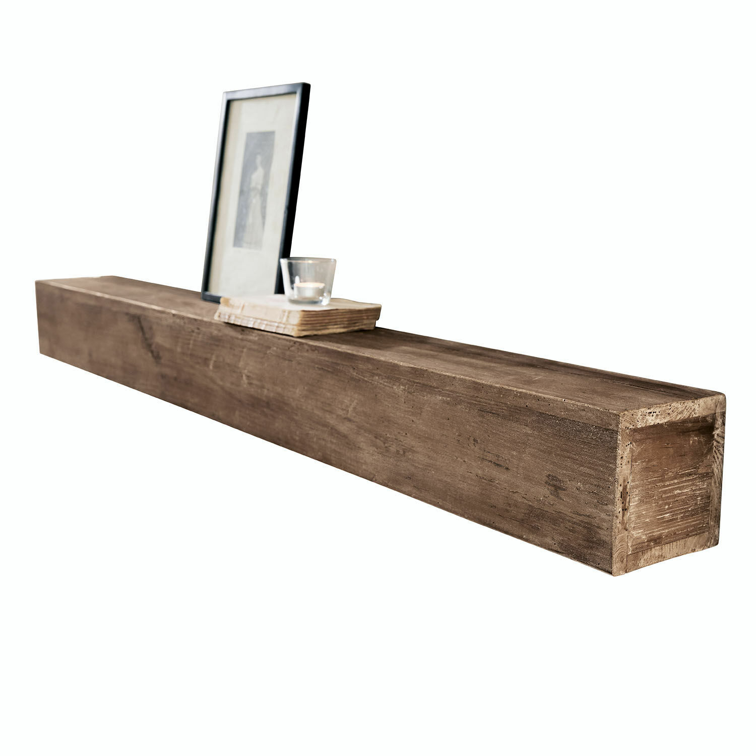 Wandplank Visayas Bruine houten wandplank met fotolijst en kaars, natuurlijk materiaal voor woondecoratie
