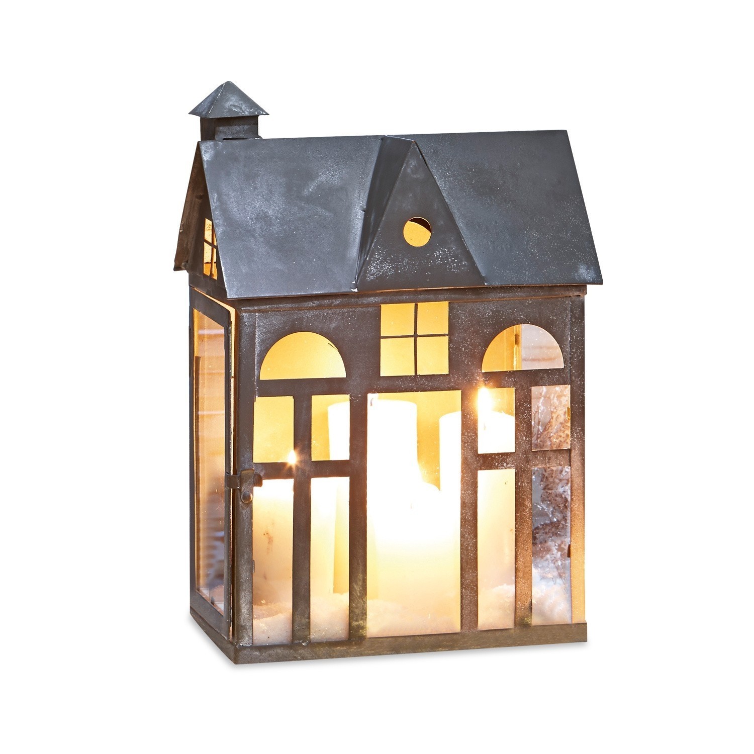 Lanterne Sweet Home en métal gris antique avec lumière chaude de bougie décorative