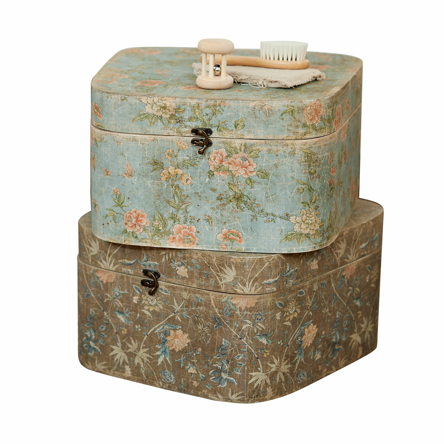 Box set van 2 Mafleur Twee decoratieve dozen met bloemenpatroon in blauw en bruin, vintage stijl opbergdozen