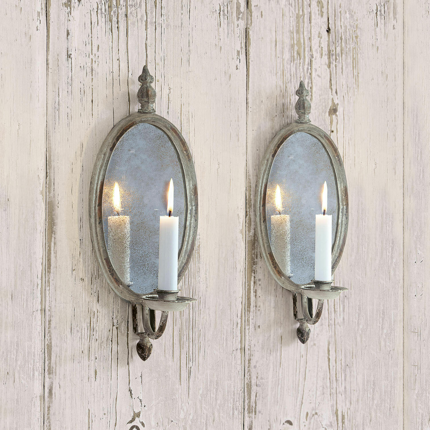 Kaarsenhouder Eugene Set metalen wandkandelaars met ovale spiegel en witte kaars voor rustieke wanddecoratie