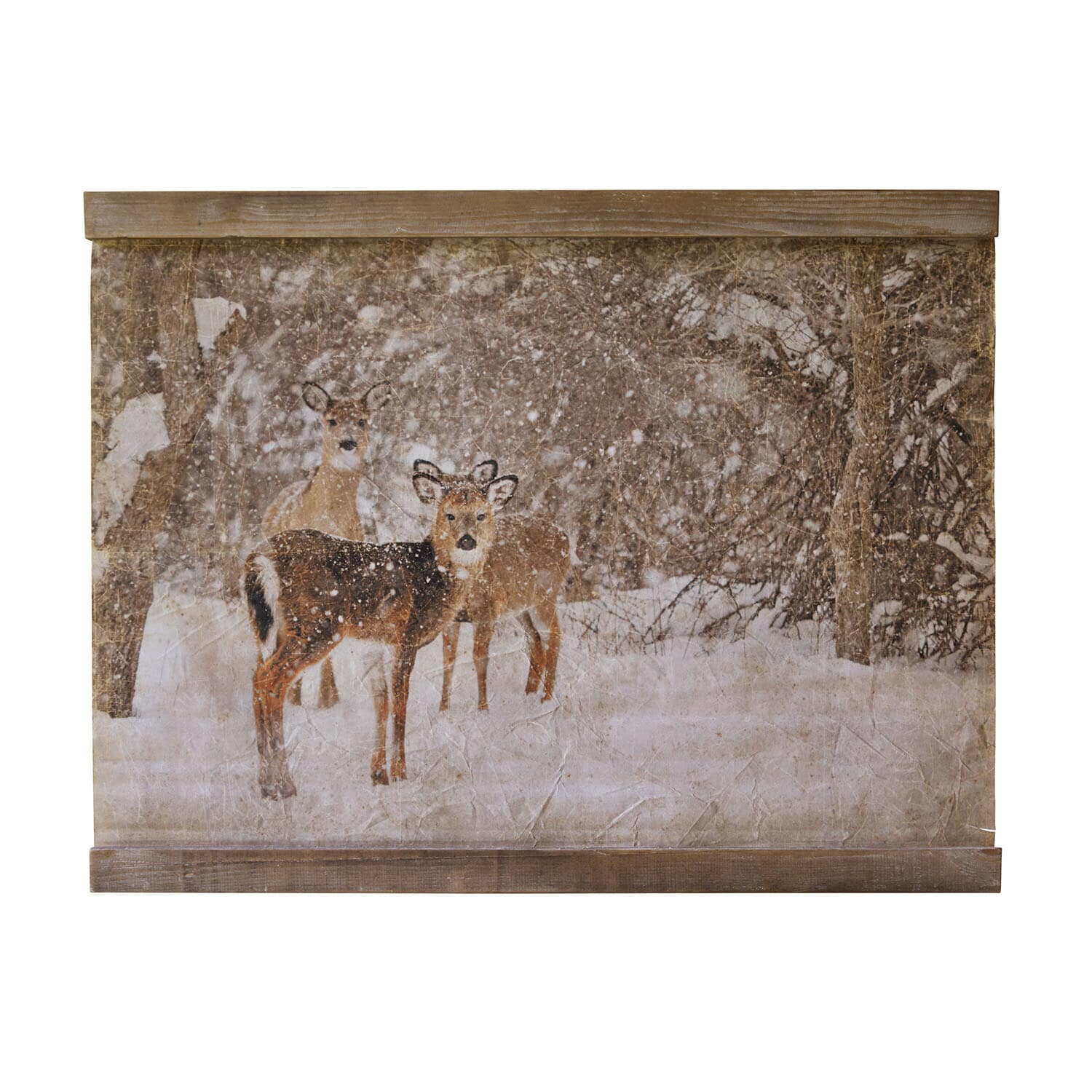 Tableau toile avec scène hivernale de forêt et deux cerfs, cadre en bois, décoration murale
