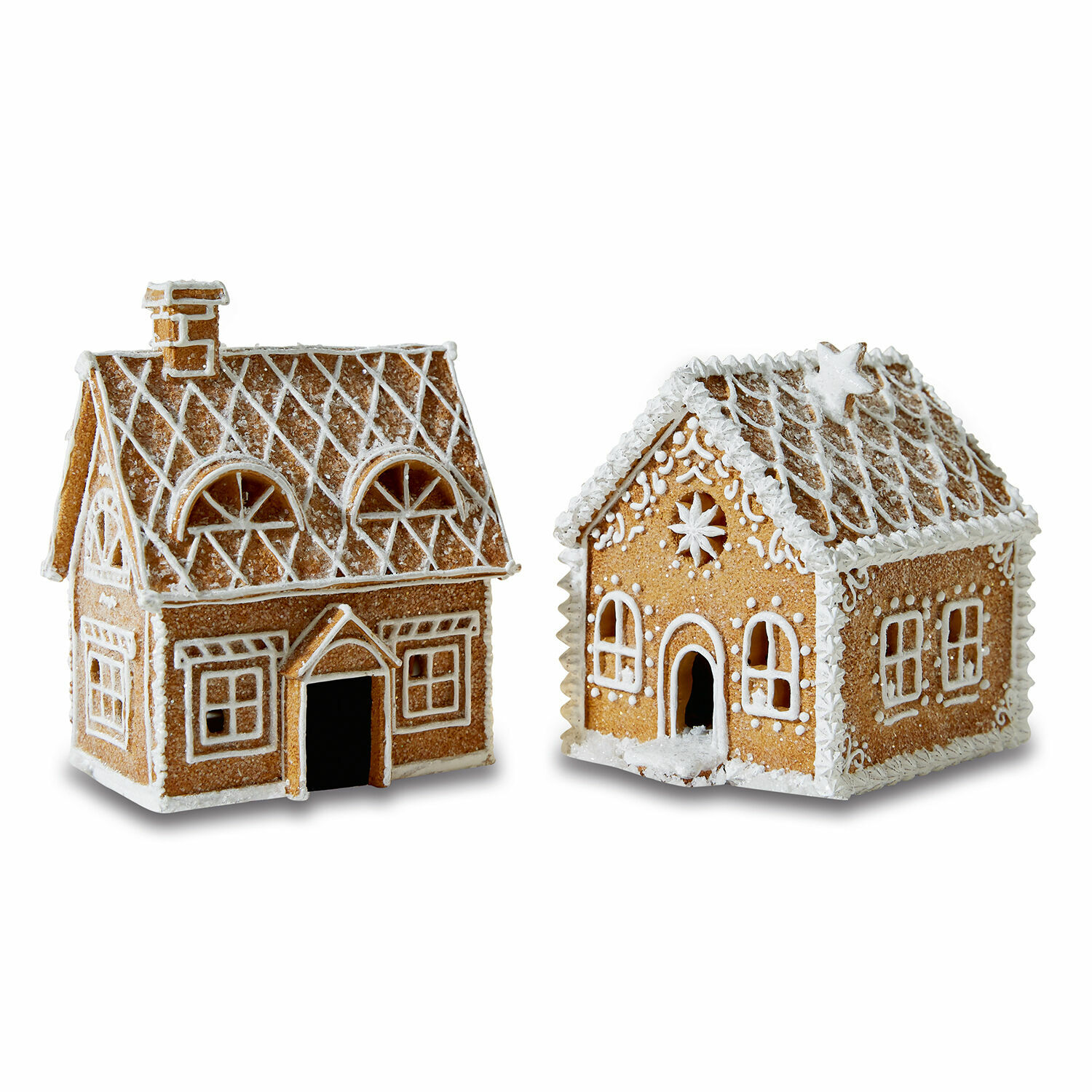 Lot de 2 maisons décoratives Tarreau Deux maisons en pain d'épice décorées de glaçage blanc avec motifs festifs, décoration de Noël