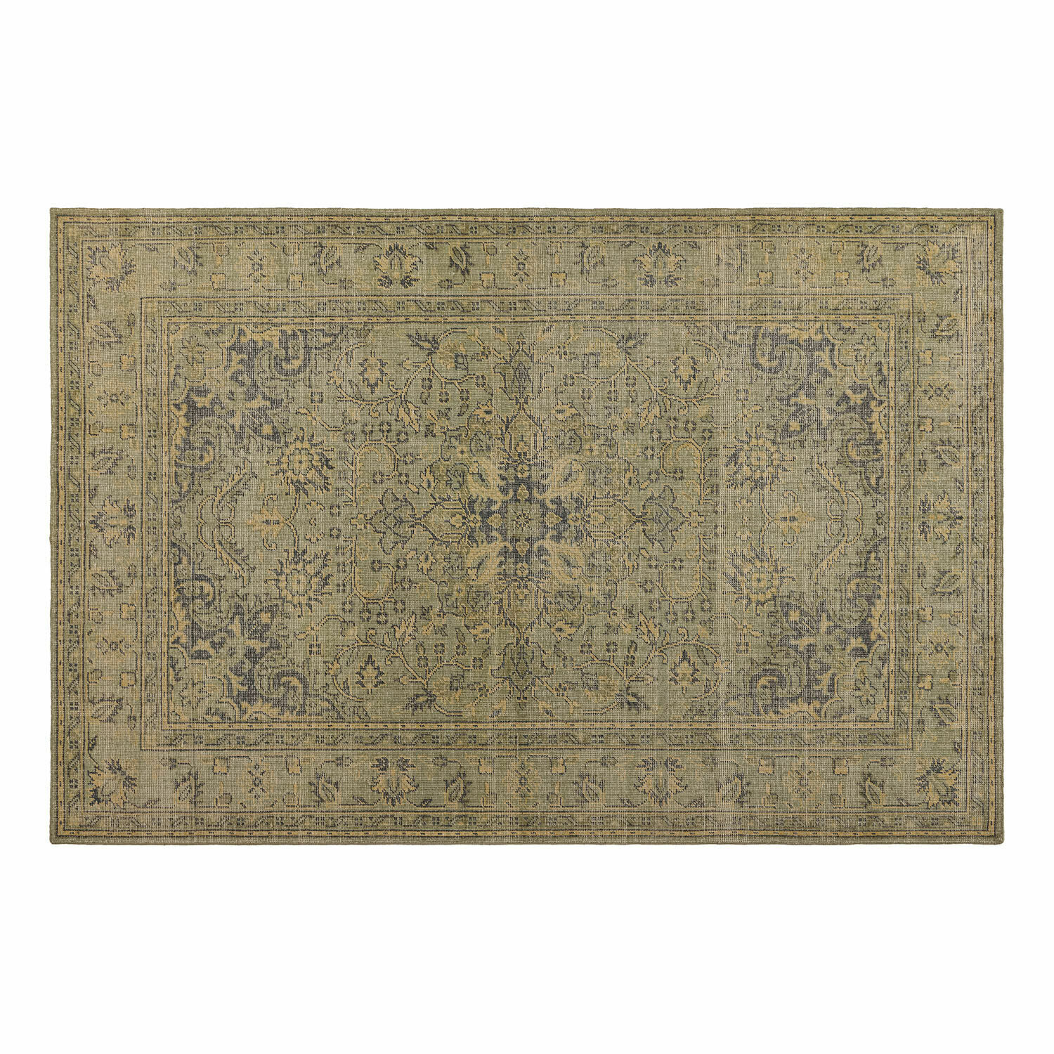 Vintage vloerkleed in groen- en beigetinten met klassiek patroon, perfect voor woonkamer en interieurdecoratie.