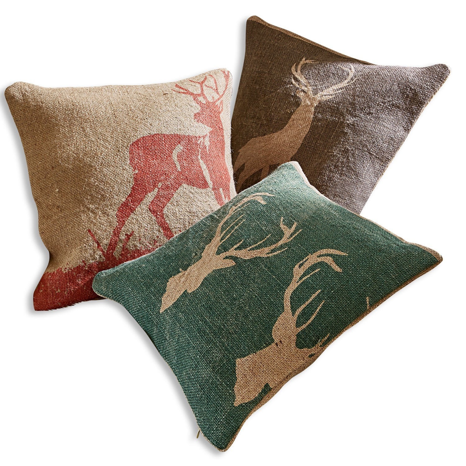 Kussenhoes set van 3 Shrewton Set van drie decoratieve jute kussens met hertenmotief in natuurlijke kleuren voor woonkamer