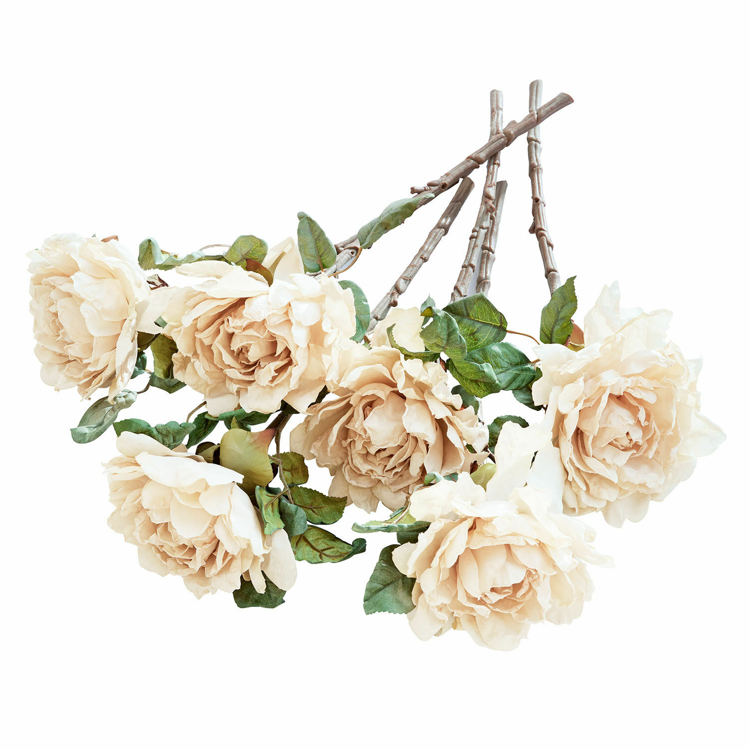 Decoratieve bloem set van 6 Mervix Boeket crèmekleurige kunstrozen met groene bladeren aan bruine stelen voor interieurdecoratie