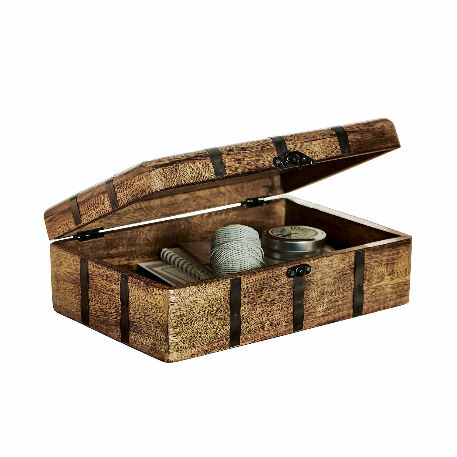 Decoratieve box Dennis Port Bruine houten doos met metalen beslag, ideaal voor het opbergen van kleine spullen