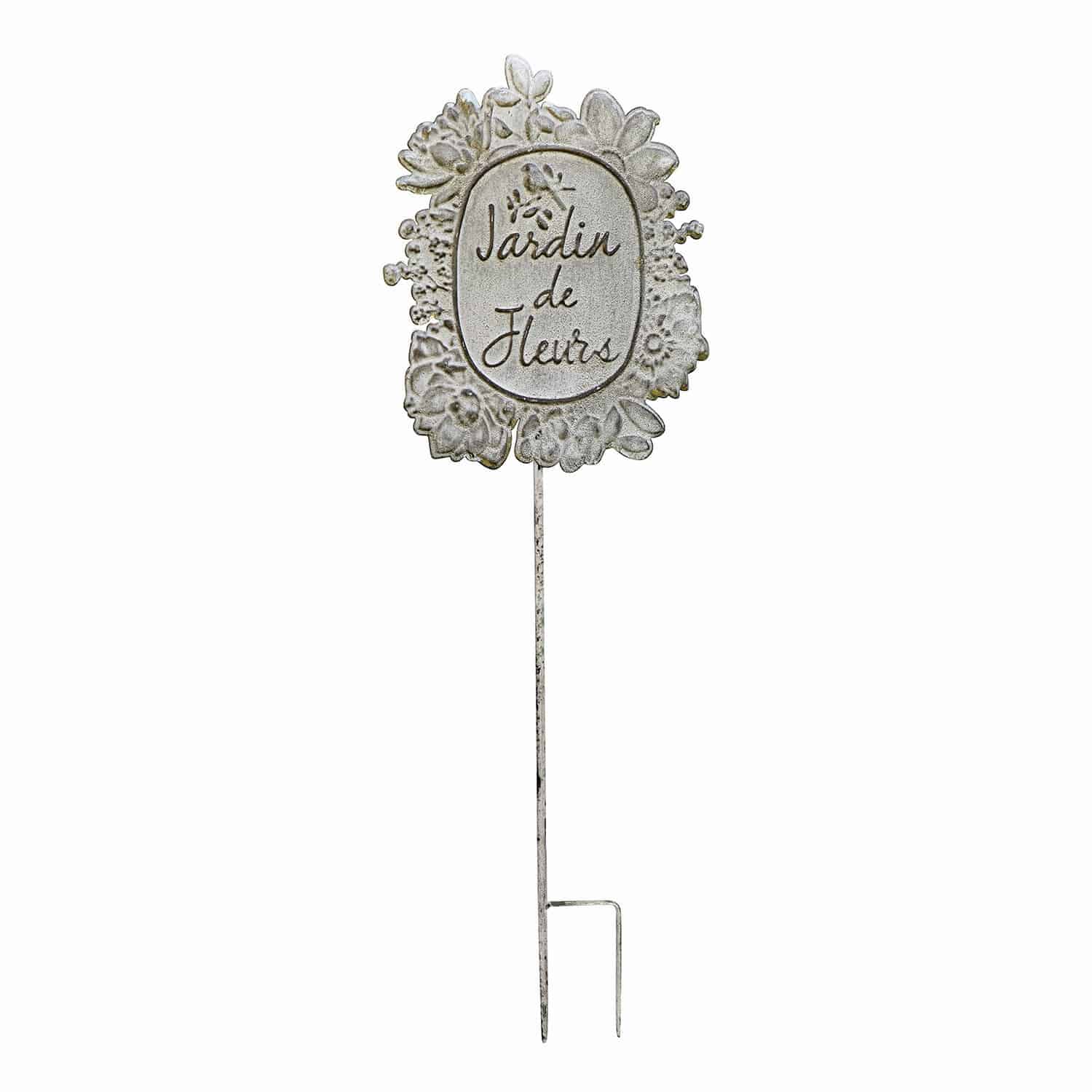 Tuindecoratie Luanda Wit metalen tuinteken met opschrift Jardin de Fleurs en bloemmotief