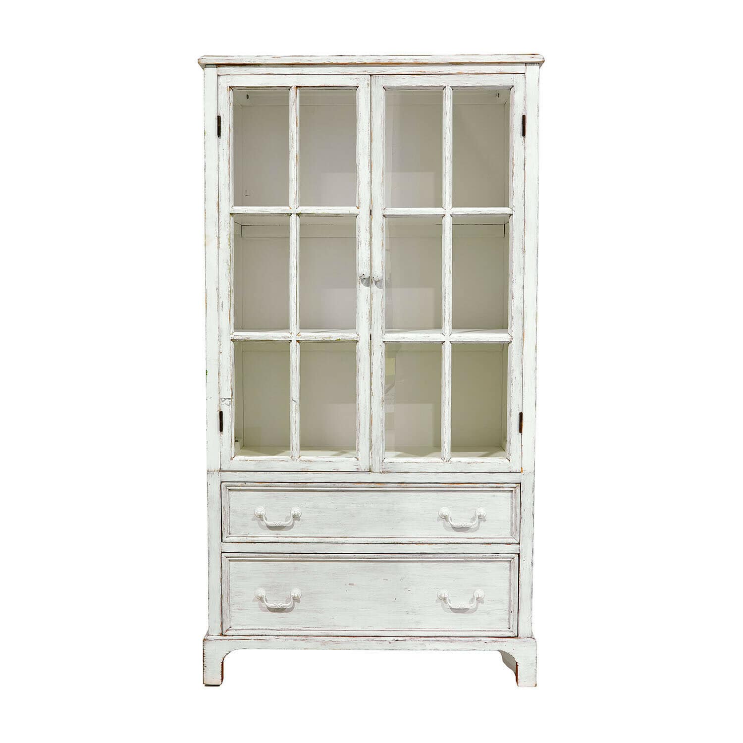 Kast Jarrowfield Witte houten vitrinekast met glazen deuren en twee lades in vintage stijl
