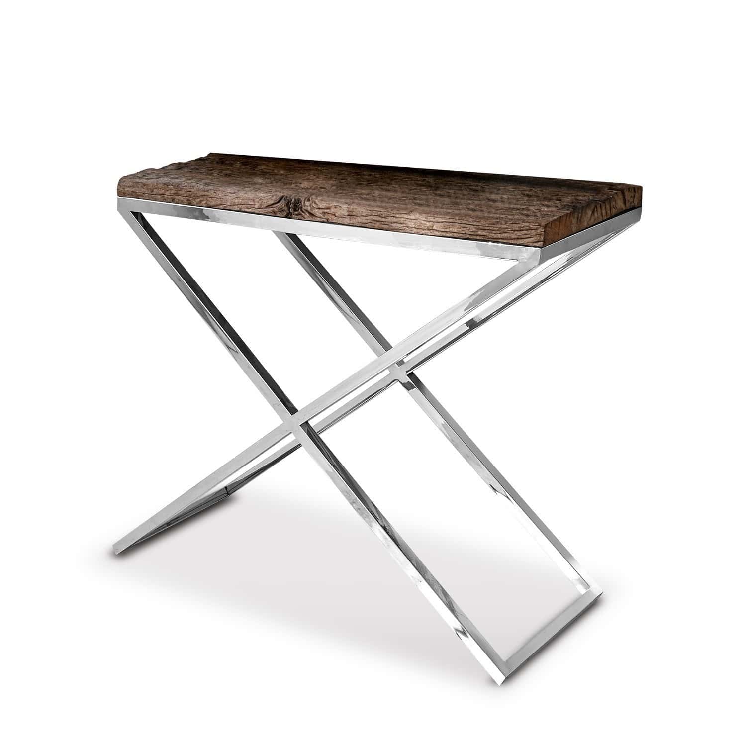 Console Conor Banc moderne avec plateau en bois foncé et cadre métallique argenté pour salon contemporain
