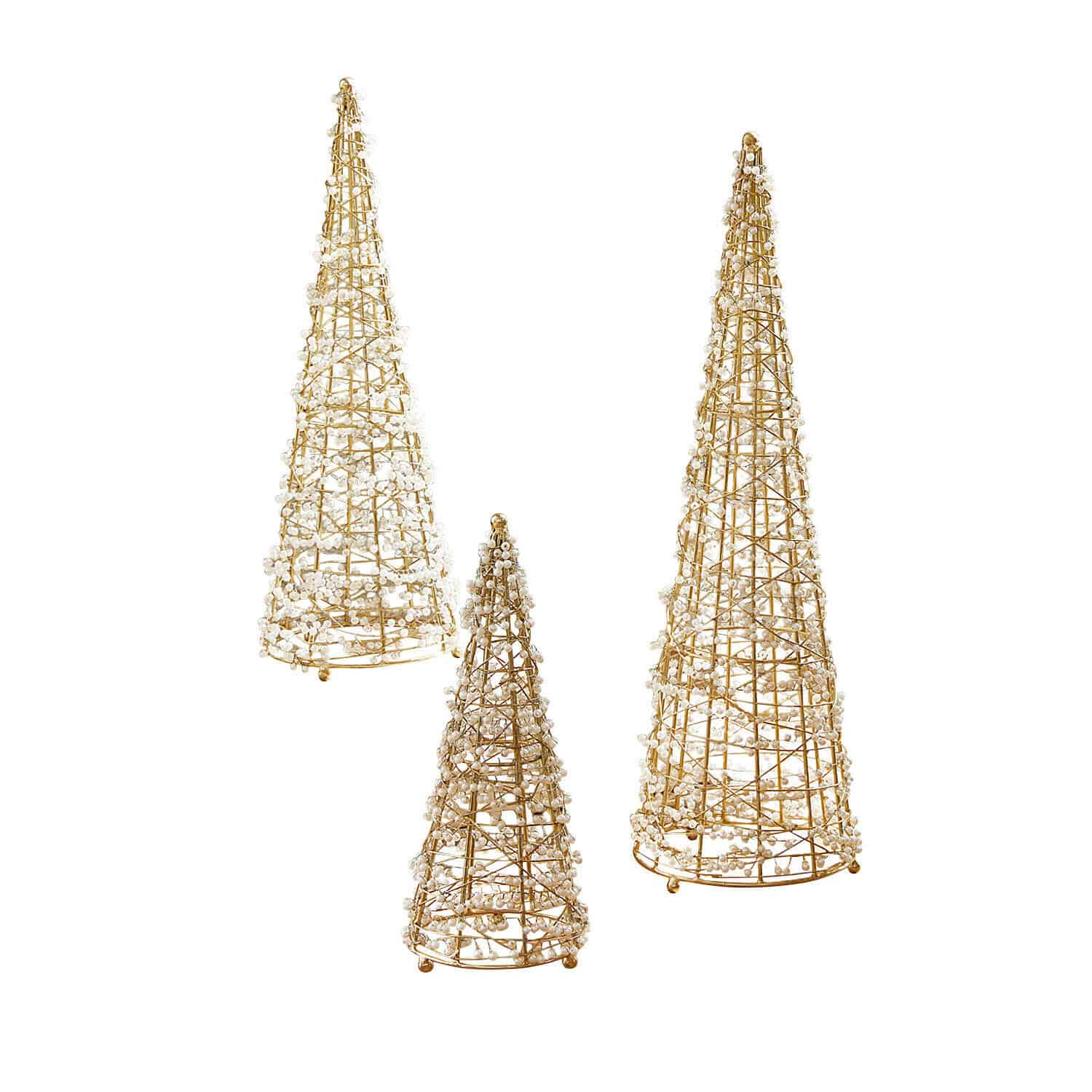 Decoratieve boom set van 3 Amelioro Set van drie gouden kegelvormige decoraties met witte bolletjes, kerstversiering voor binnen