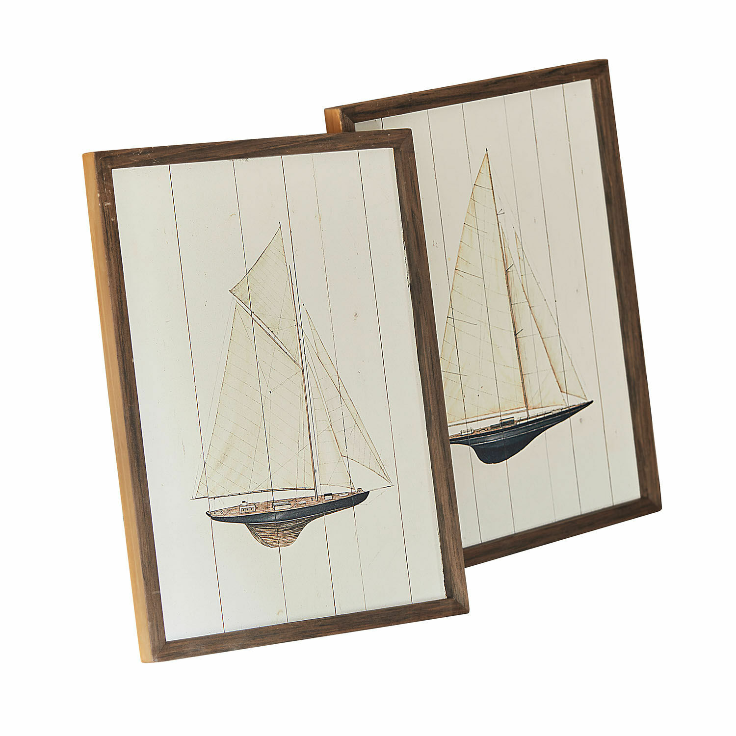 Schilderij set van 2 Lemoux Twee houten schilderijen met zeilboten op witte achtergrond, maritieme wanddecoratie