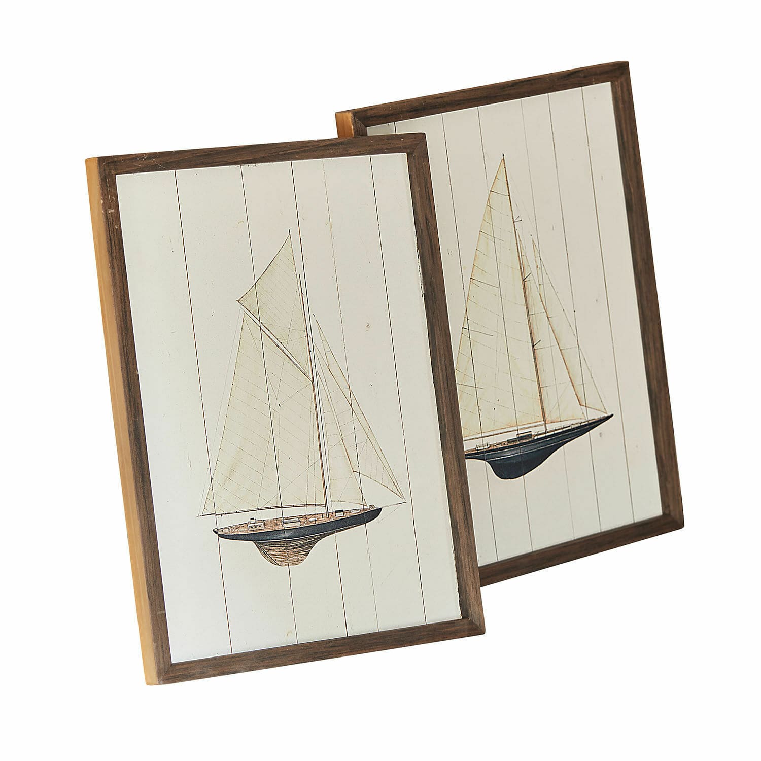 Lot de 2 tableaux Lemoux Deux tableaux en bois avec voiliers sur fond blanc, décoration murale style marin