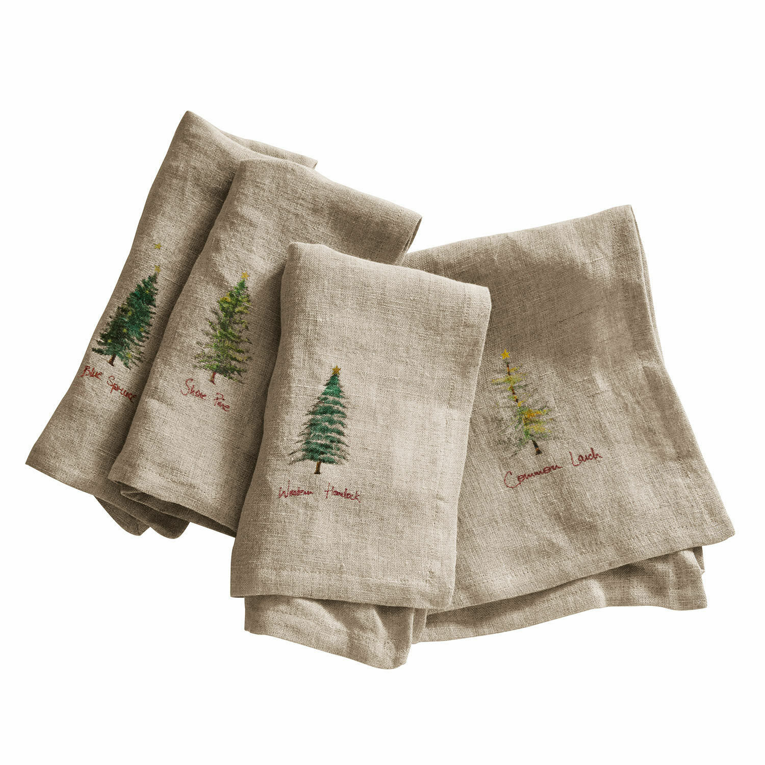 Servet set van 4 Jarrier Beige linnen servetten met groene kerstboom borduursels en rode teksten, tafeldecoratie