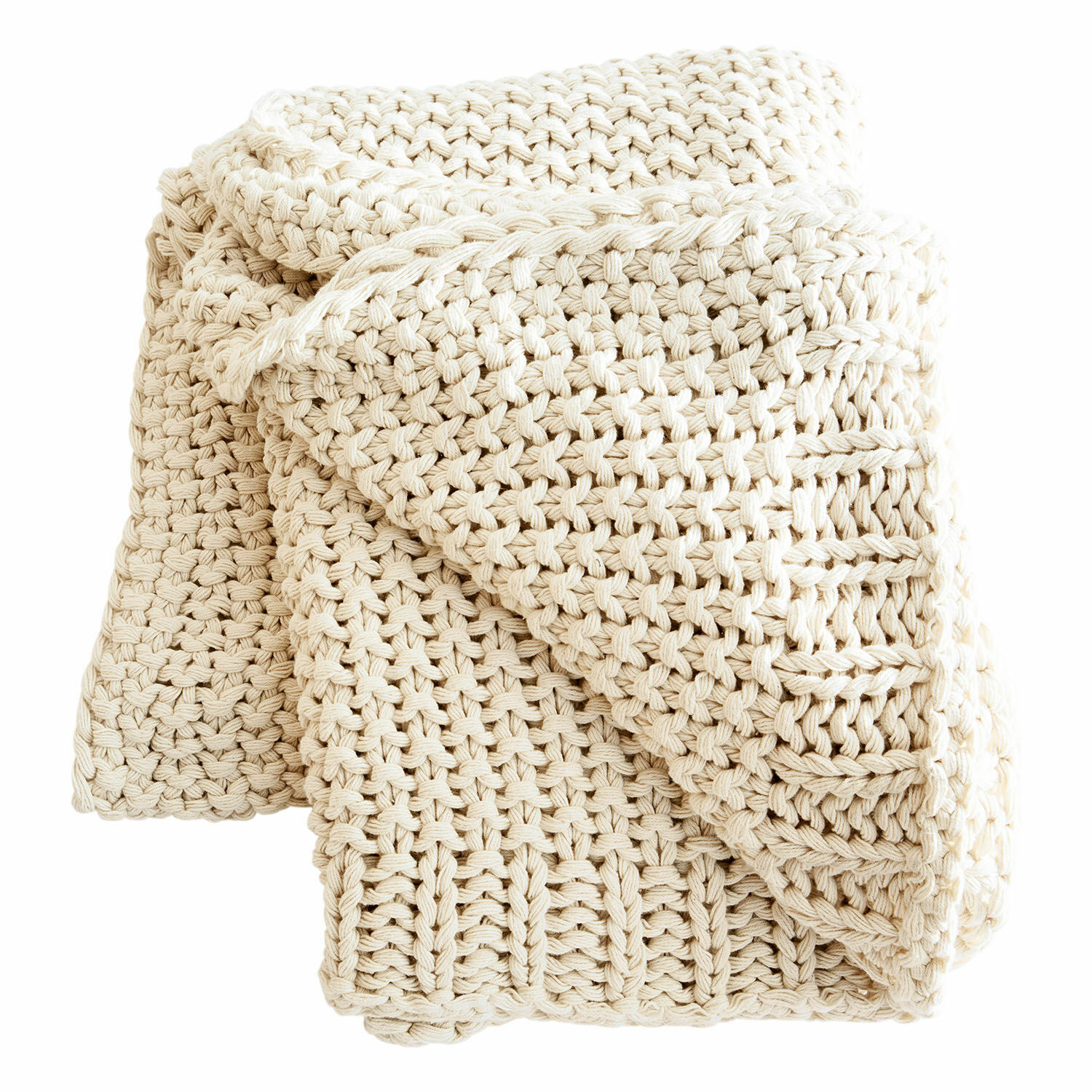 Beige plaid van dikke katoenen brei, perfect voor decoratie en warmte in huis.