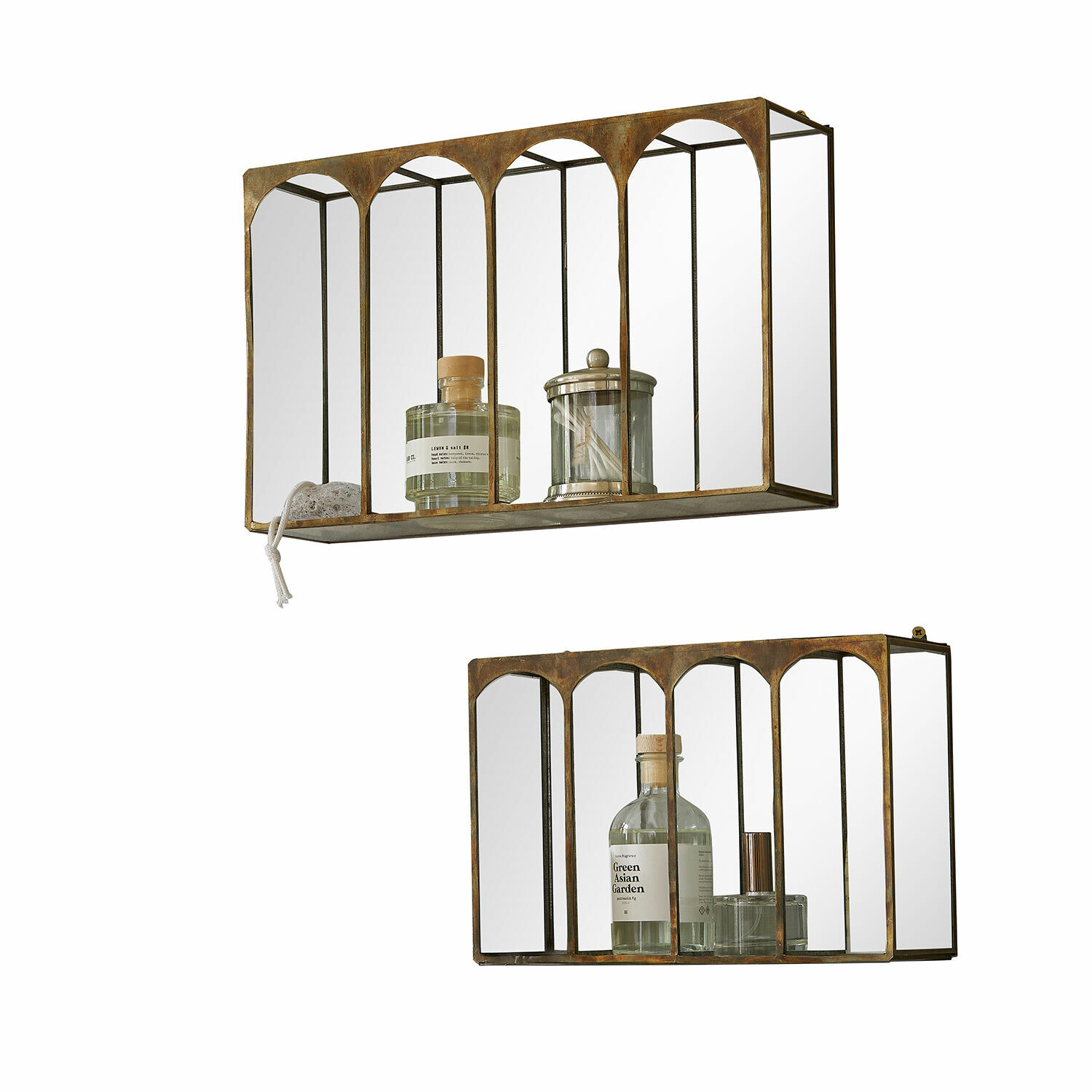 Wandrek set van 2 Jaelani Set van twee metalen wandplanken met spiegel en verouderde koperen lijst voor interieurdecoratie