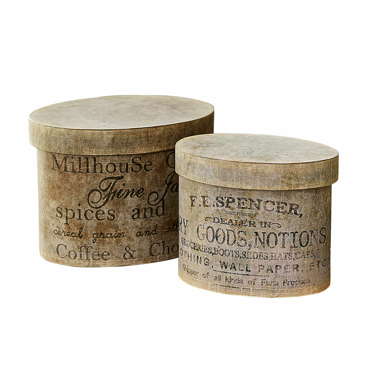 Lot de 2 boîtes Tunguska Deux boîtes rondes décoratives en papier beige vintage avec impression de texte ancien