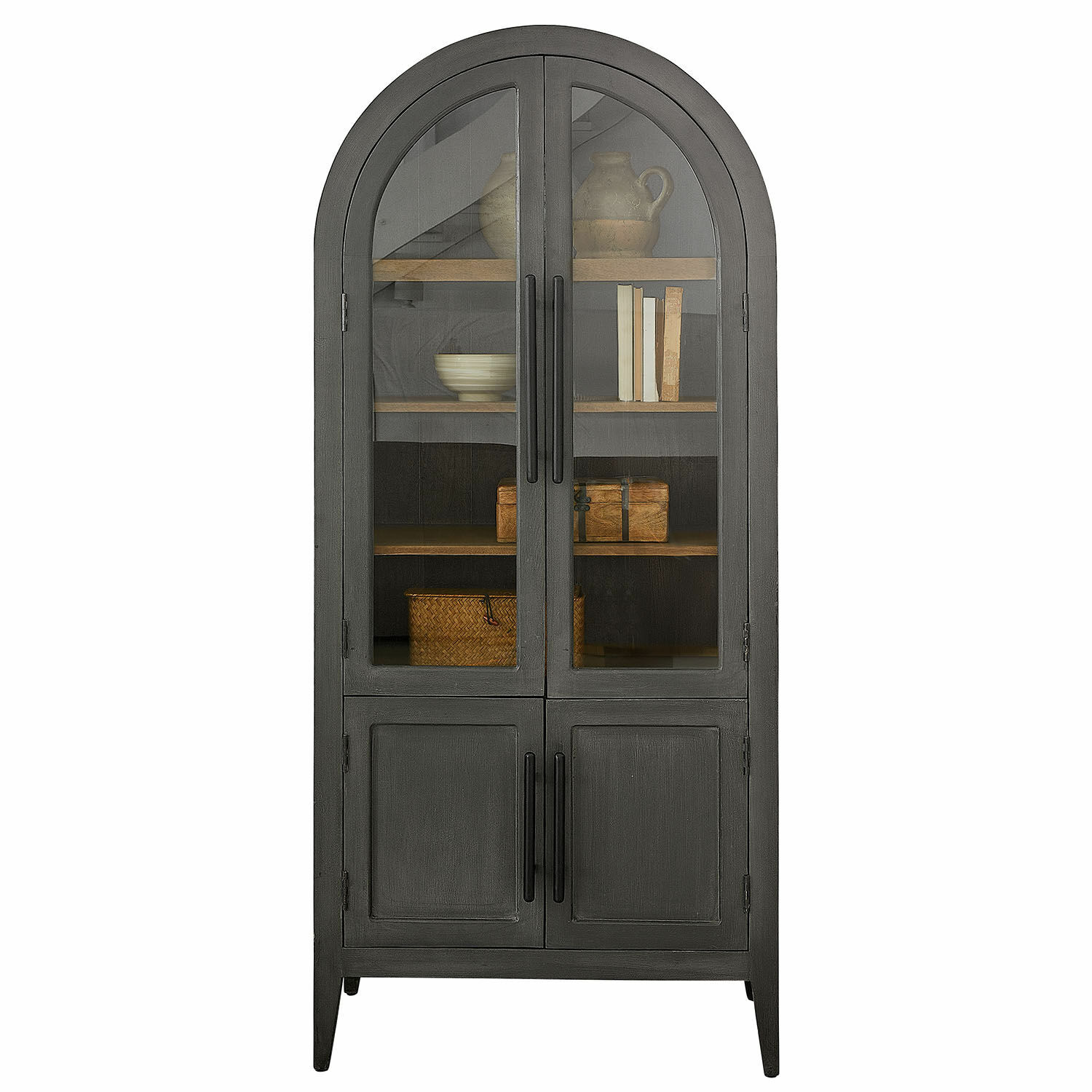 Armoire Chaloraine Vitrine noire en métal avec portes vitrées et étagères en bois pour rangement élégant