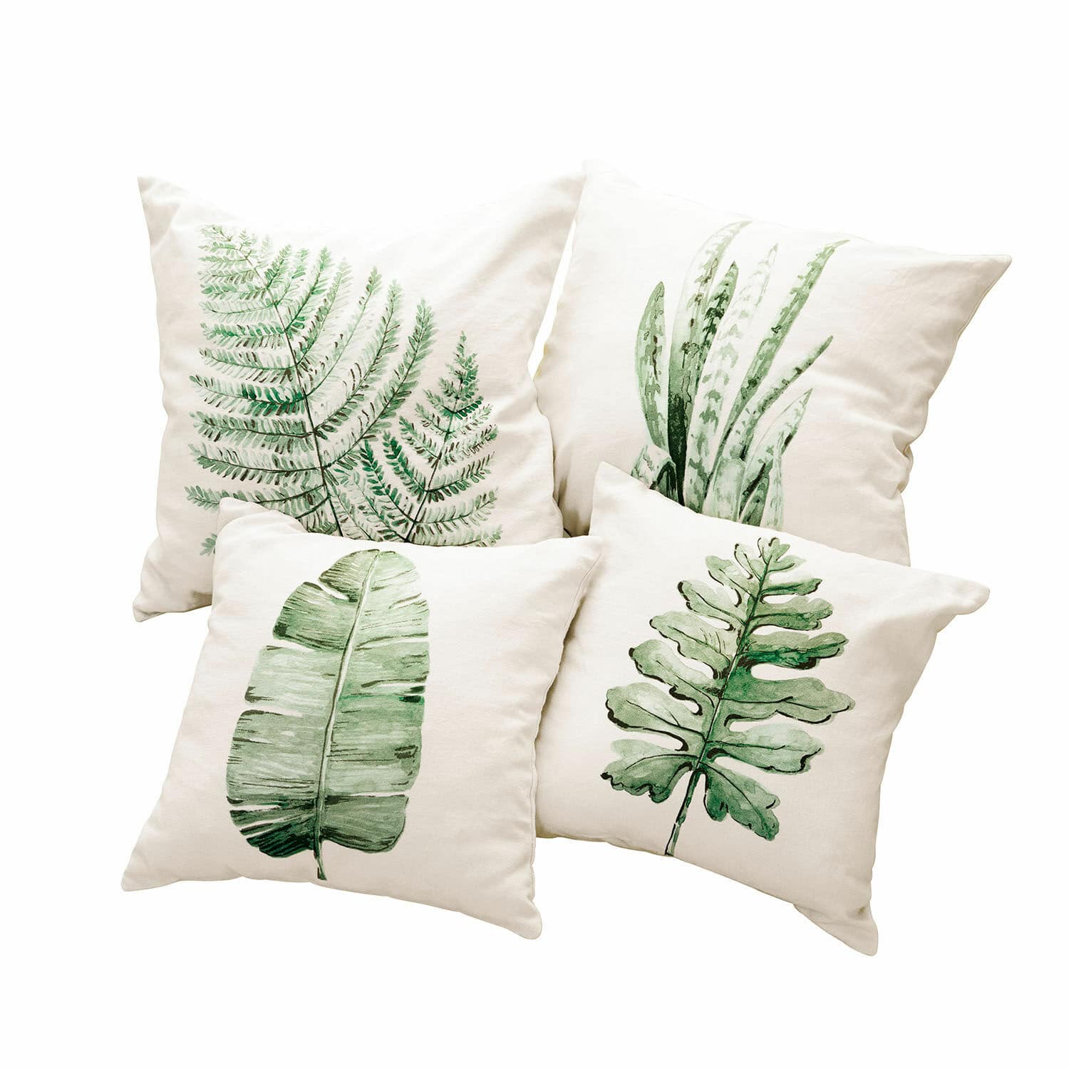 Lot de 4 housses de coussins Marly Ensemble de quatre coussins crème avec imprimés de feuilles vertes, décoration intérieure naturelle