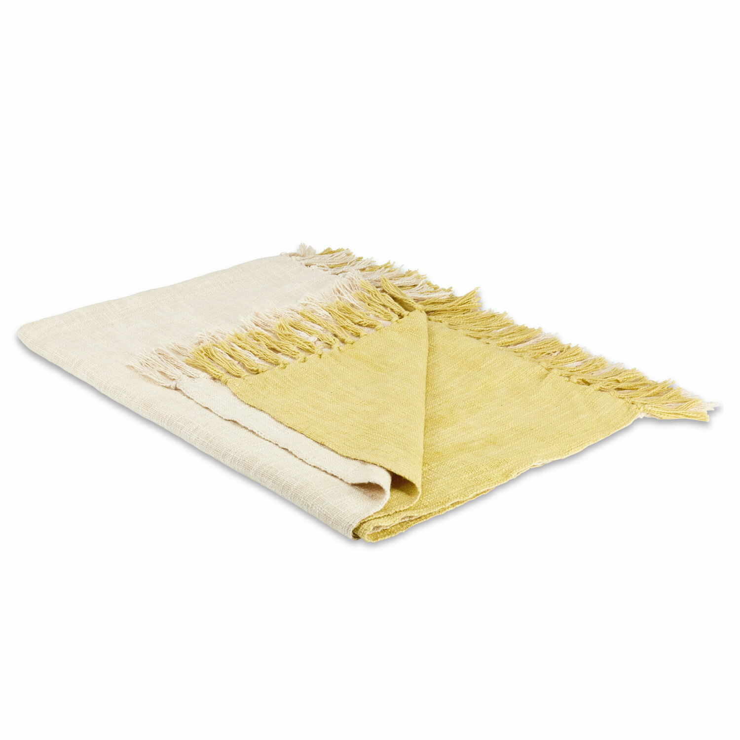 Plaid Aurice Plaid réversible en coton crème et jaune avec franges, doux et décoratif pour salon