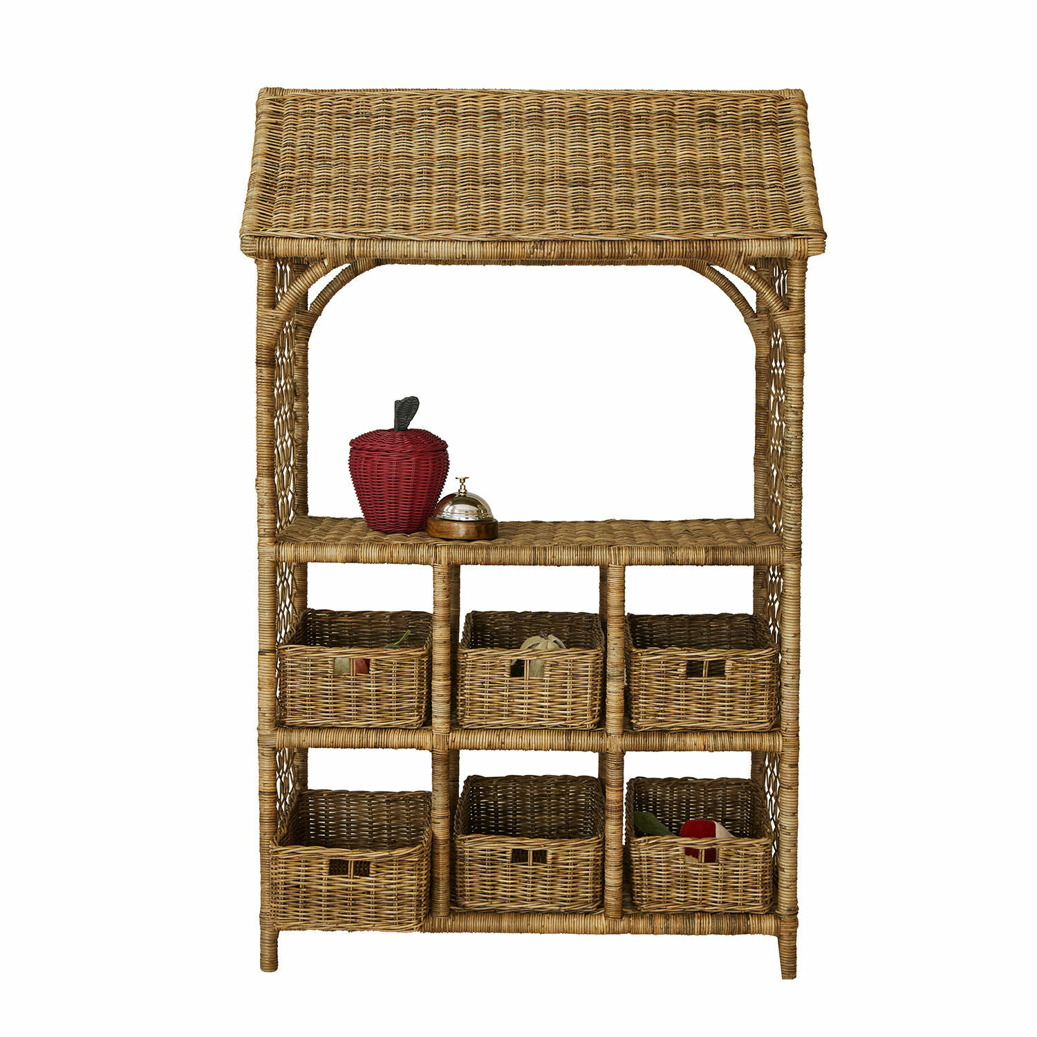 Marchande Callidia Étagère en rotin naturel avec six paniers et pomme décorative rouge, meuble de rangement pratique